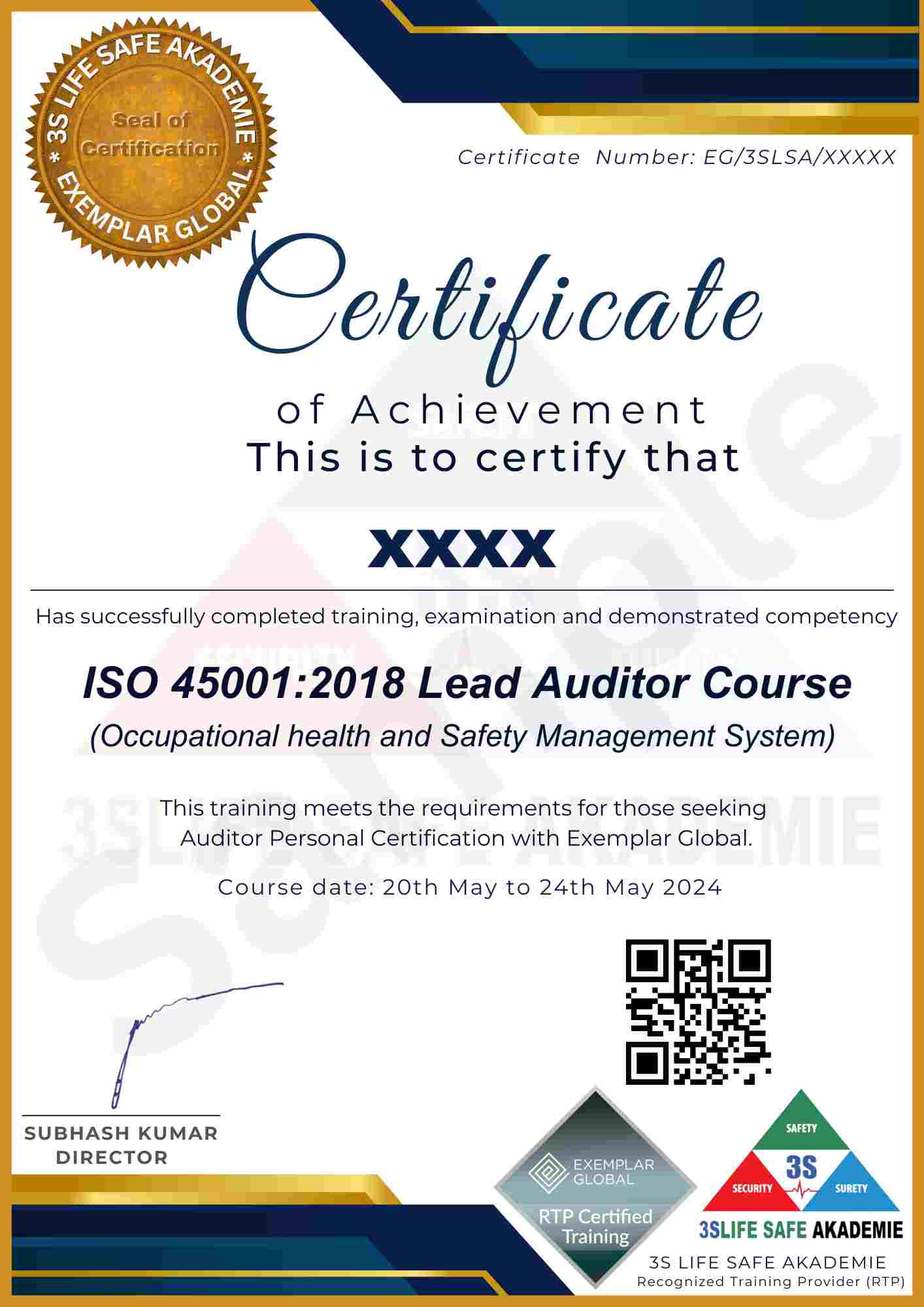 Sample certificate of ISO 45001:2018 Lead Auditor Course - 3S Life Safe Akademie